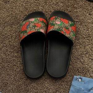 Women's Gucci  Black and Brown Slide Sandals with Strawberry Printl